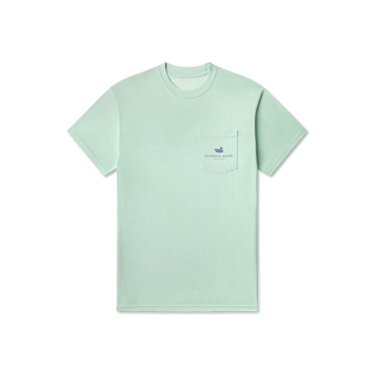 Light green t-shirt with a small logo on a white background