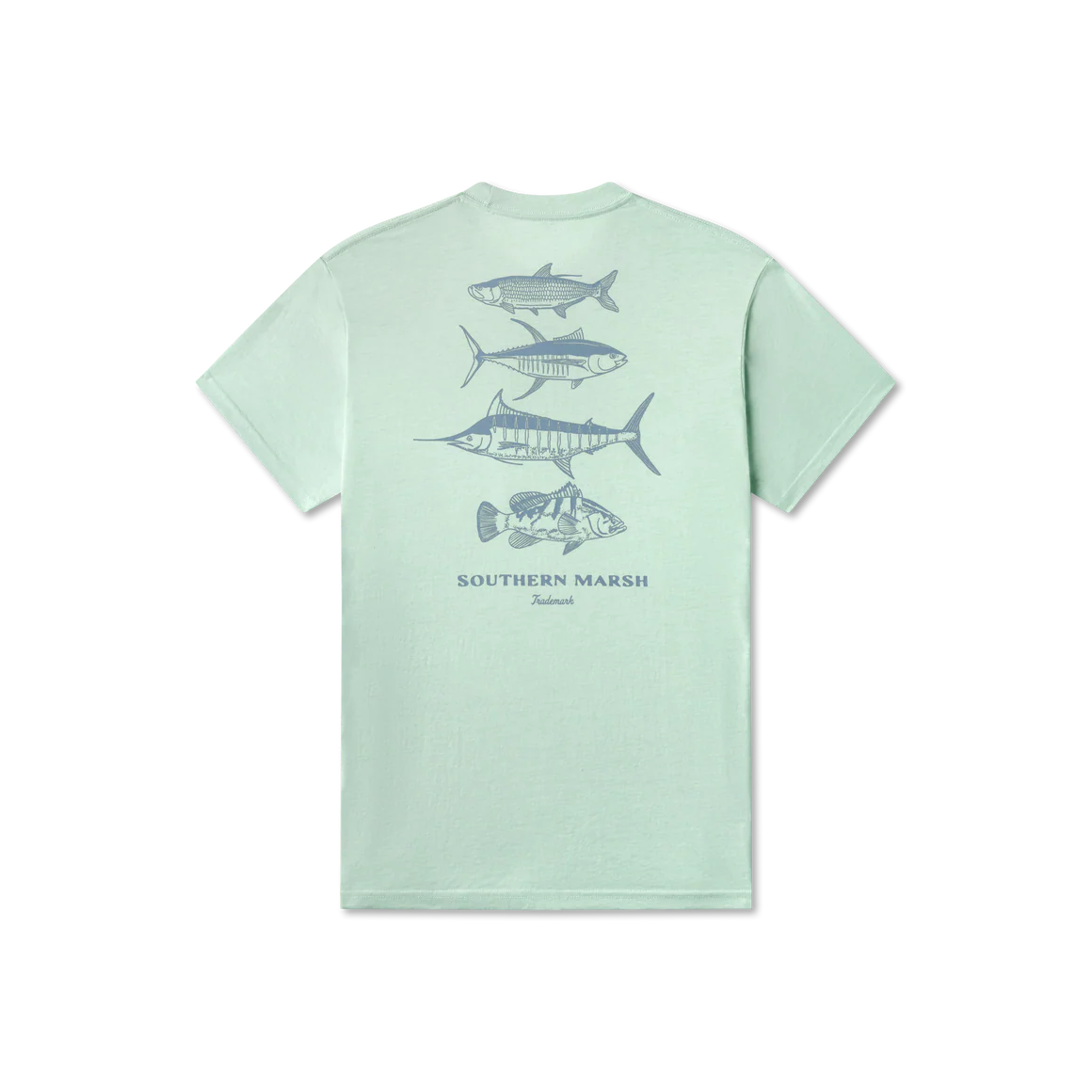 Light green t-shirt with fish illustrations on a white background