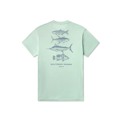 Light green t-shirt with fish illustrations on a white background