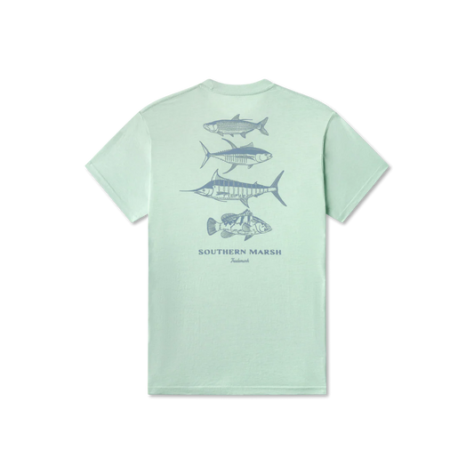 Light green t-shirt with fish illustrations on a white background