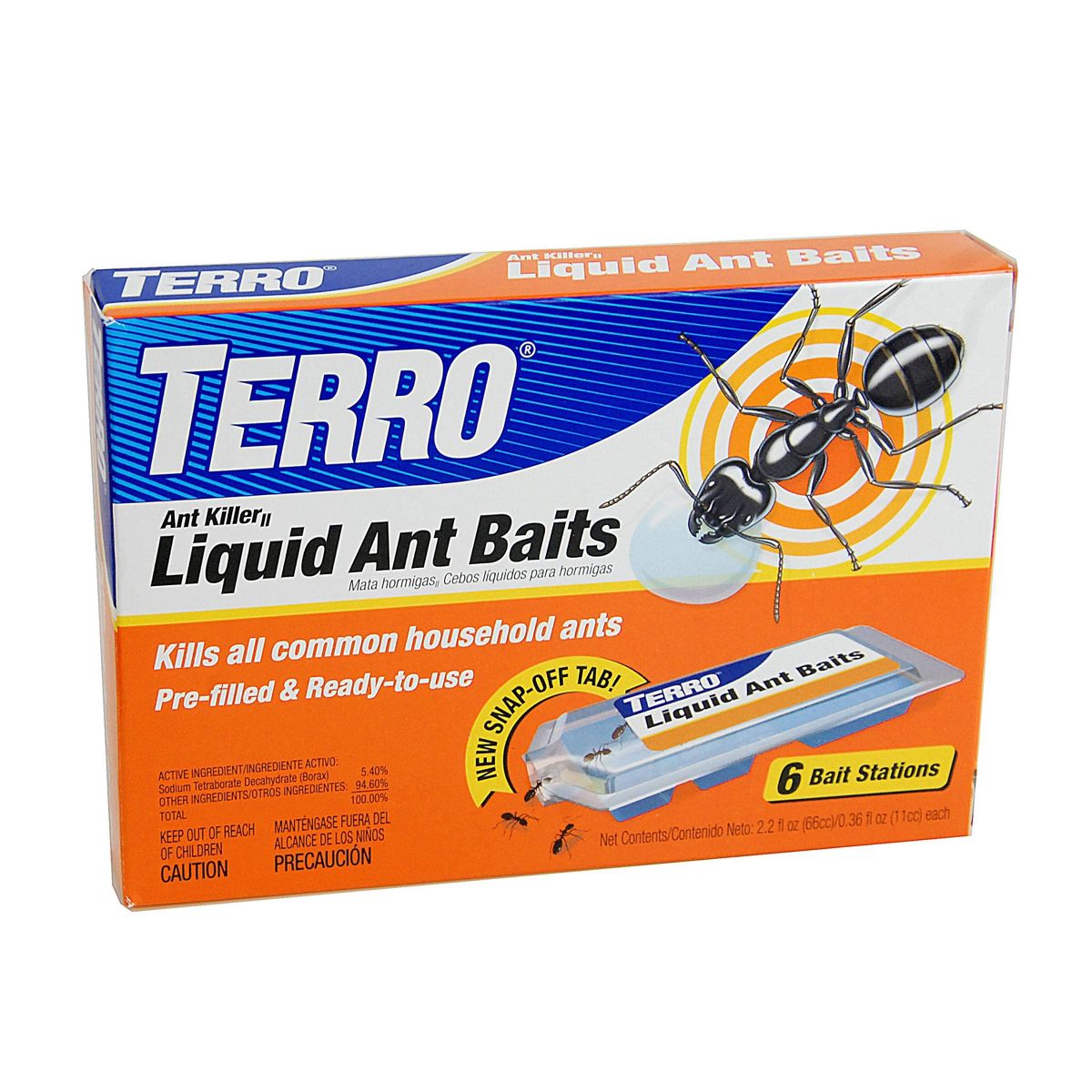 TERRO liquid ant bait box with large ant illustration, labeled for household ant control, 6 bait stations