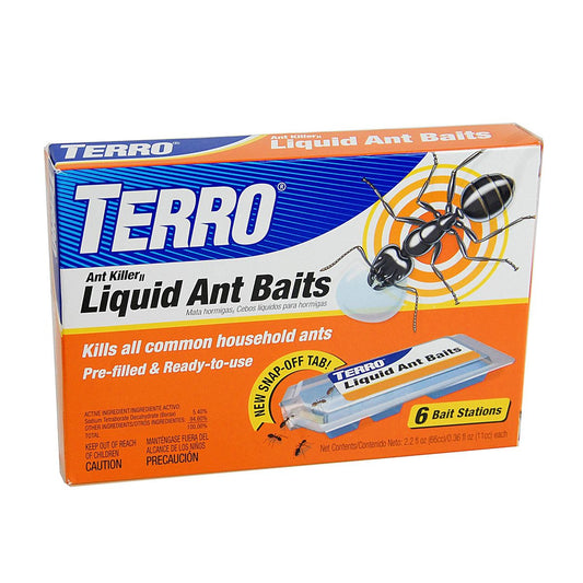 TERRO liquid ant bait box with large ant illustration, labeled for household ant control, 6 bait stations