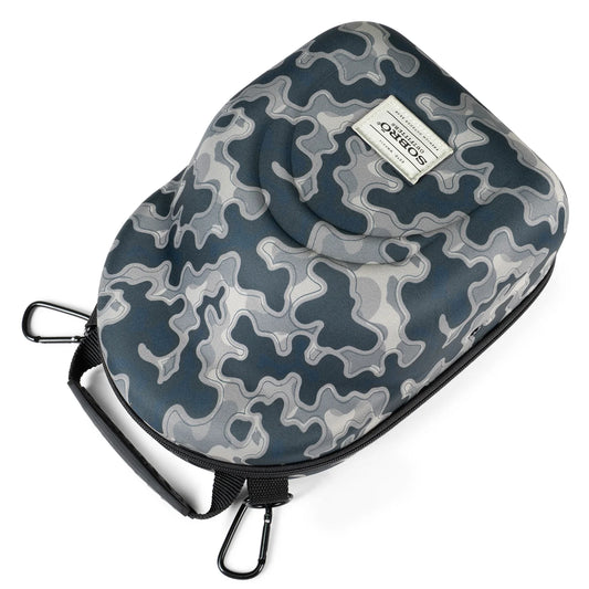 Camouflage-patterned bag with a visible brand label on a white background