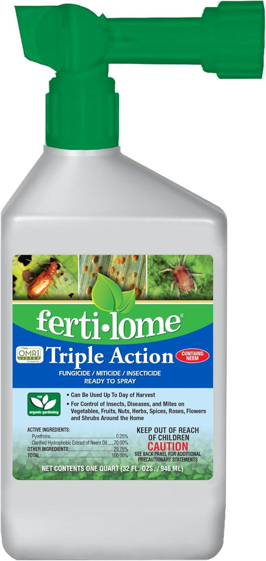 Triple Action ready-to-use garden spray bottle with green hose attachment, for insect, mite, and fungus control.
