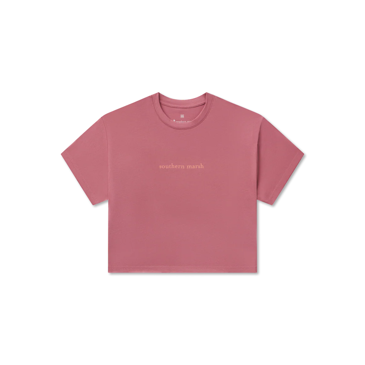 Pink t-shirt with 'southern marsh' text on a white background