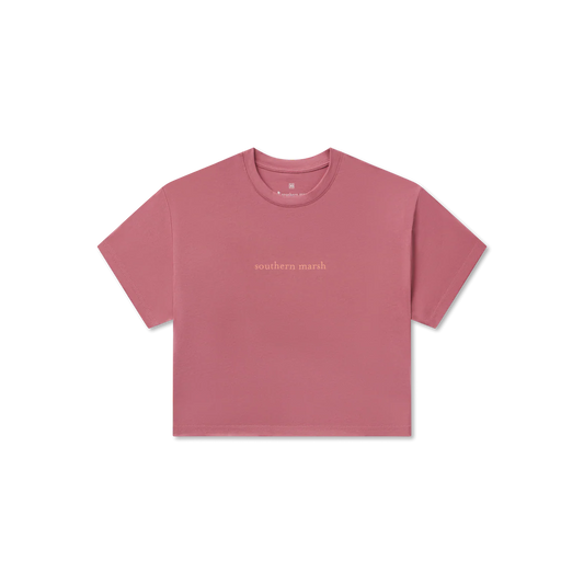 Pink t-shirt with 'southern marsh' text on a white background