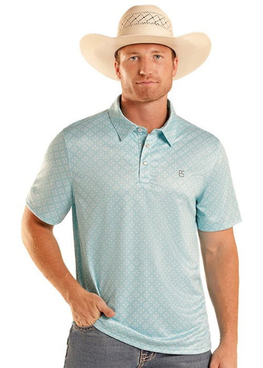 Man wearing a light blue patterned polo shirt and beige cowboy hat on a white background