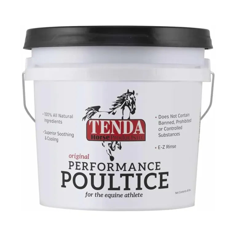 White bucket of Tenda Horse Performance Poultice with black lid on a white background