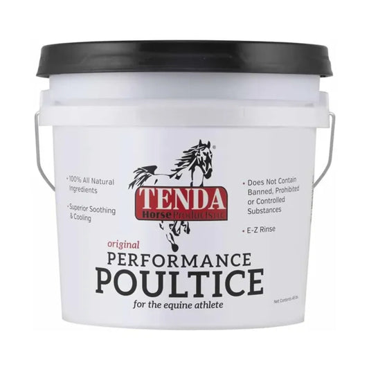 White bucket of Tenda Horse Performance Poultice with black lid on a white background