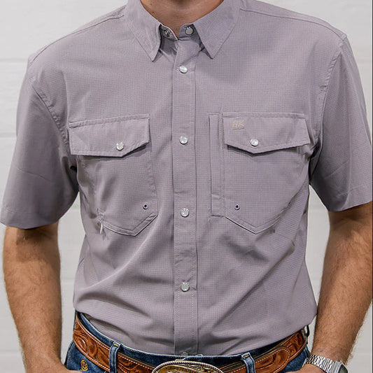 Gray short-sleeve shirt with button details on a plain background