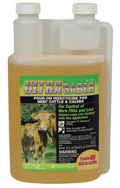 UltraSaber pour-on insecticide bottle for cattle and calves, 900ml, front label visible