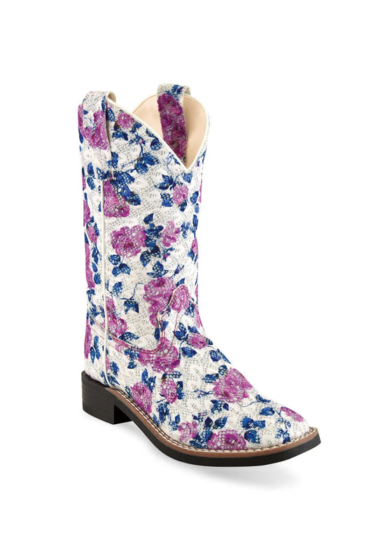 Old West Girls White Multi Faux Leather Floral Cowboy Boots - VB9151