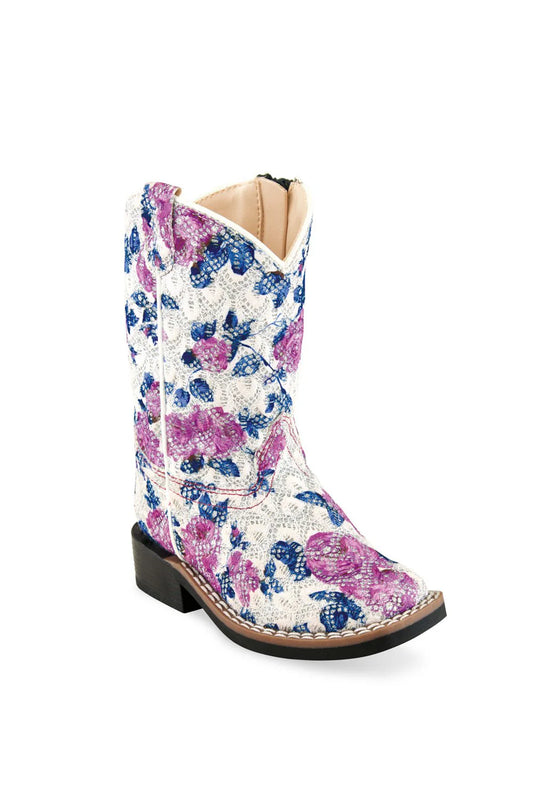 White cowgirl boot with purple and blue floral pattern, low heel, Western style
