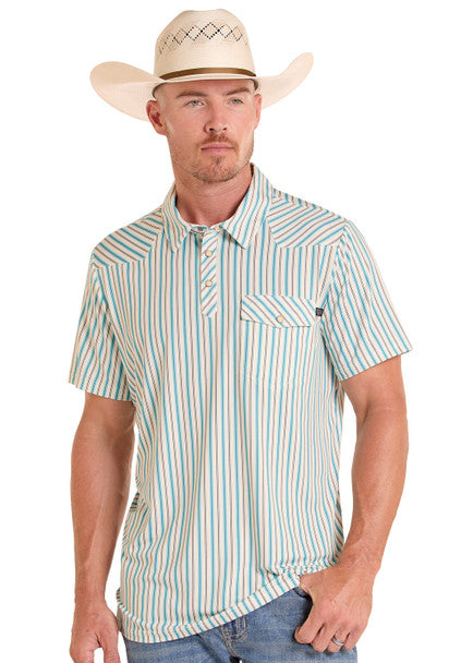 Man wearing a striped short-sleeve shirt and cowboy hat on a white background