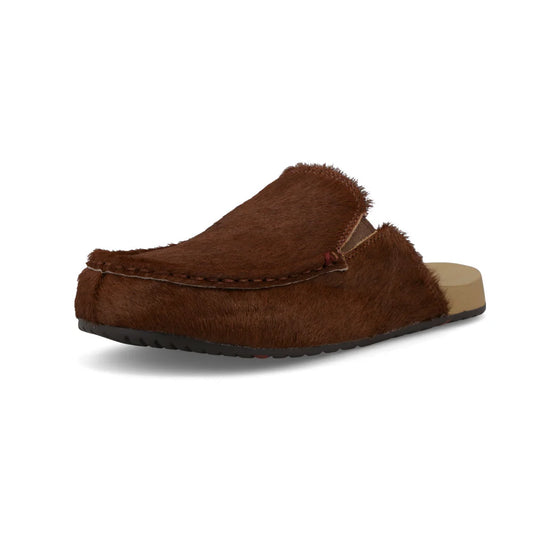Brown moccasin slipper on a white background