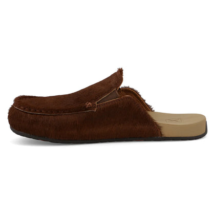 Brown fur-lined slipper on a white background