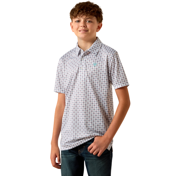Young boy wearing a patterned shirt on a white background