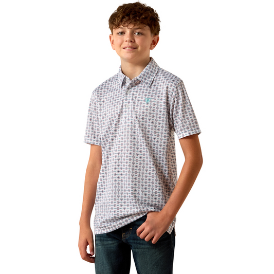 Young boy wearing a patterned shirt on a white background