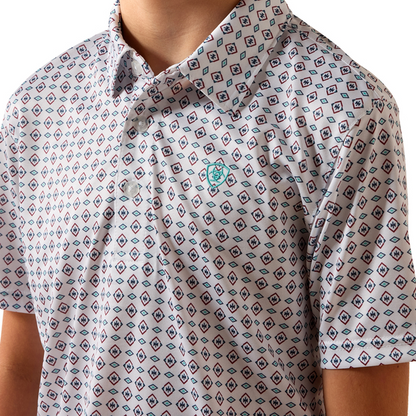 Patterned short-sleeve shirt with a brand logo on a white background