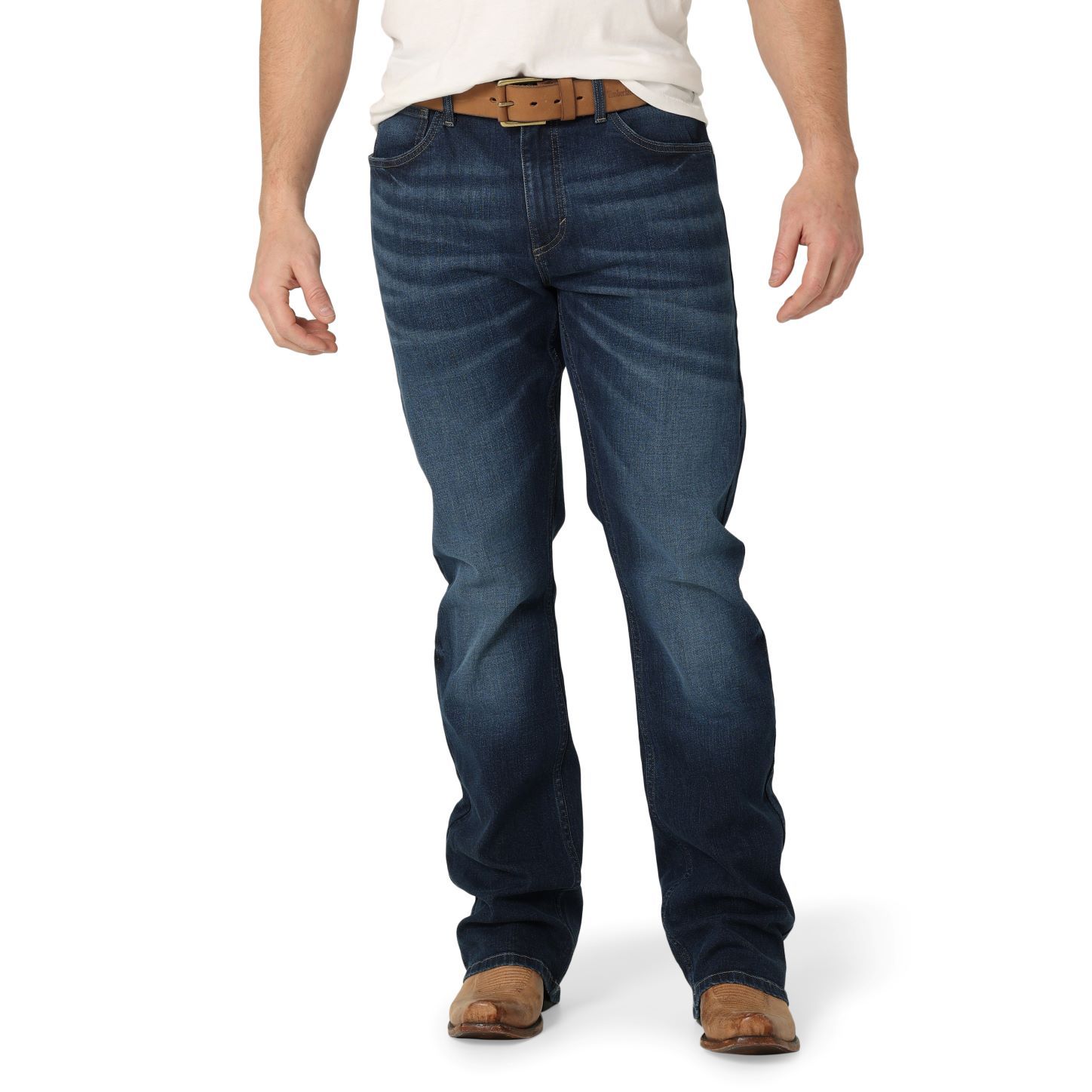 Person wearing blue jeans on a white background
