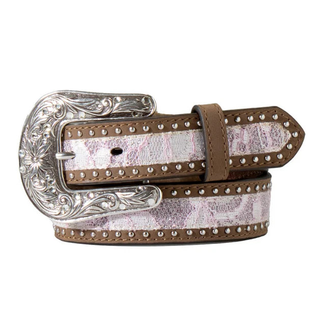 Nocona Western Girls Belt Kids Leather Lace Inlay Pink