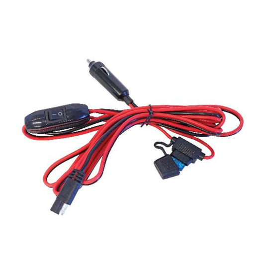 A red and black car cable with a USB-C connector, a cigarette lighter plug, and a black inline switch module, shown on a plain white background.