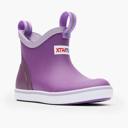 Purple waterproof ankle rain boot with pull tabs and white sole