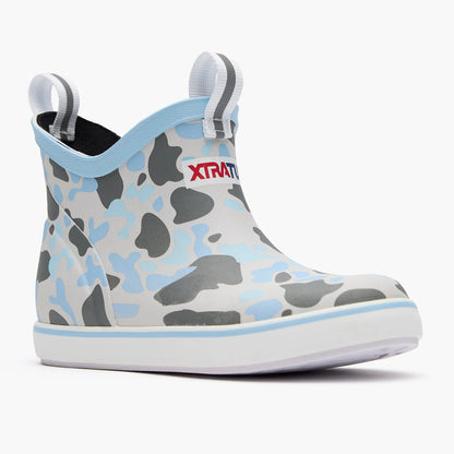 Gray and blue camo waterproof ankle boot with pull tabs and thick white sole