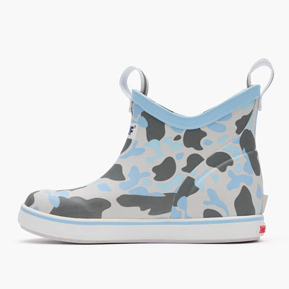 Grey and blue camo waterproof ankle rain boot with pull loops, white sole, side profile