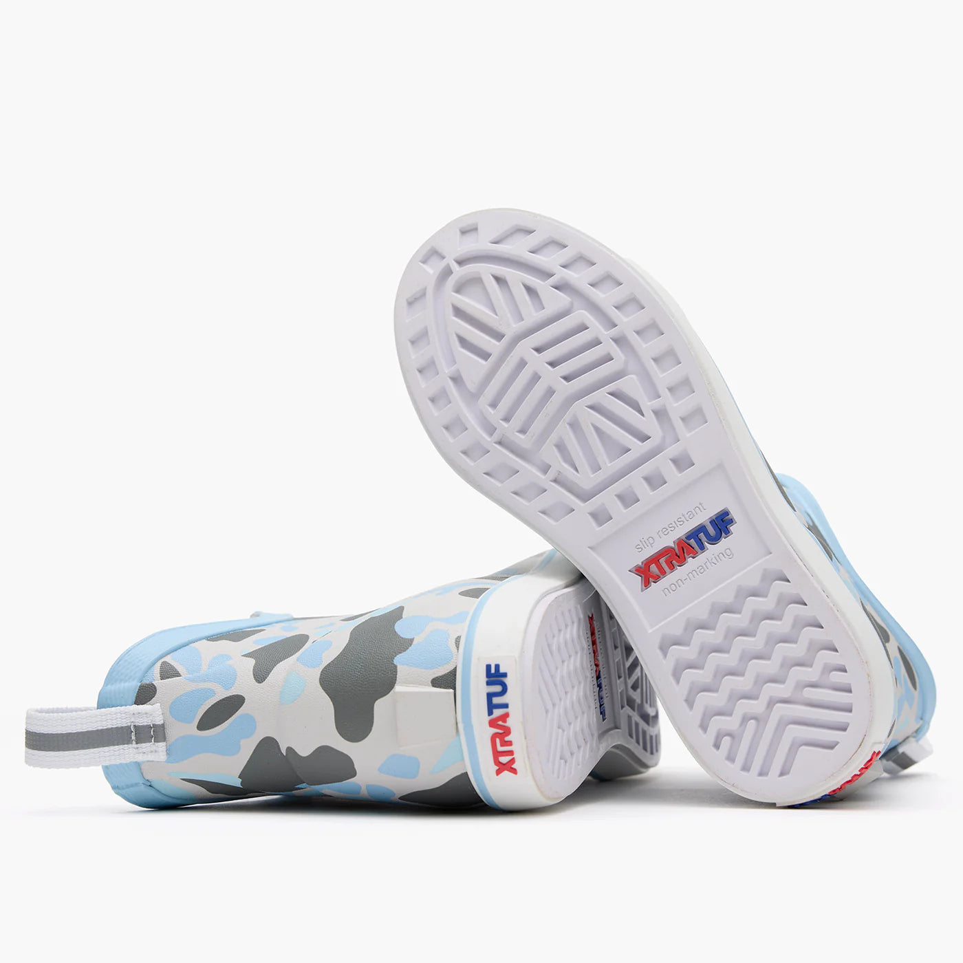 Blue camo slip-resistant ankle boots with white non-marking outsoles, outsole view shown.