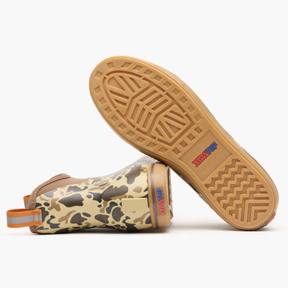 Camouflage waterproof slip-on boots with tan non-slip rubber soles