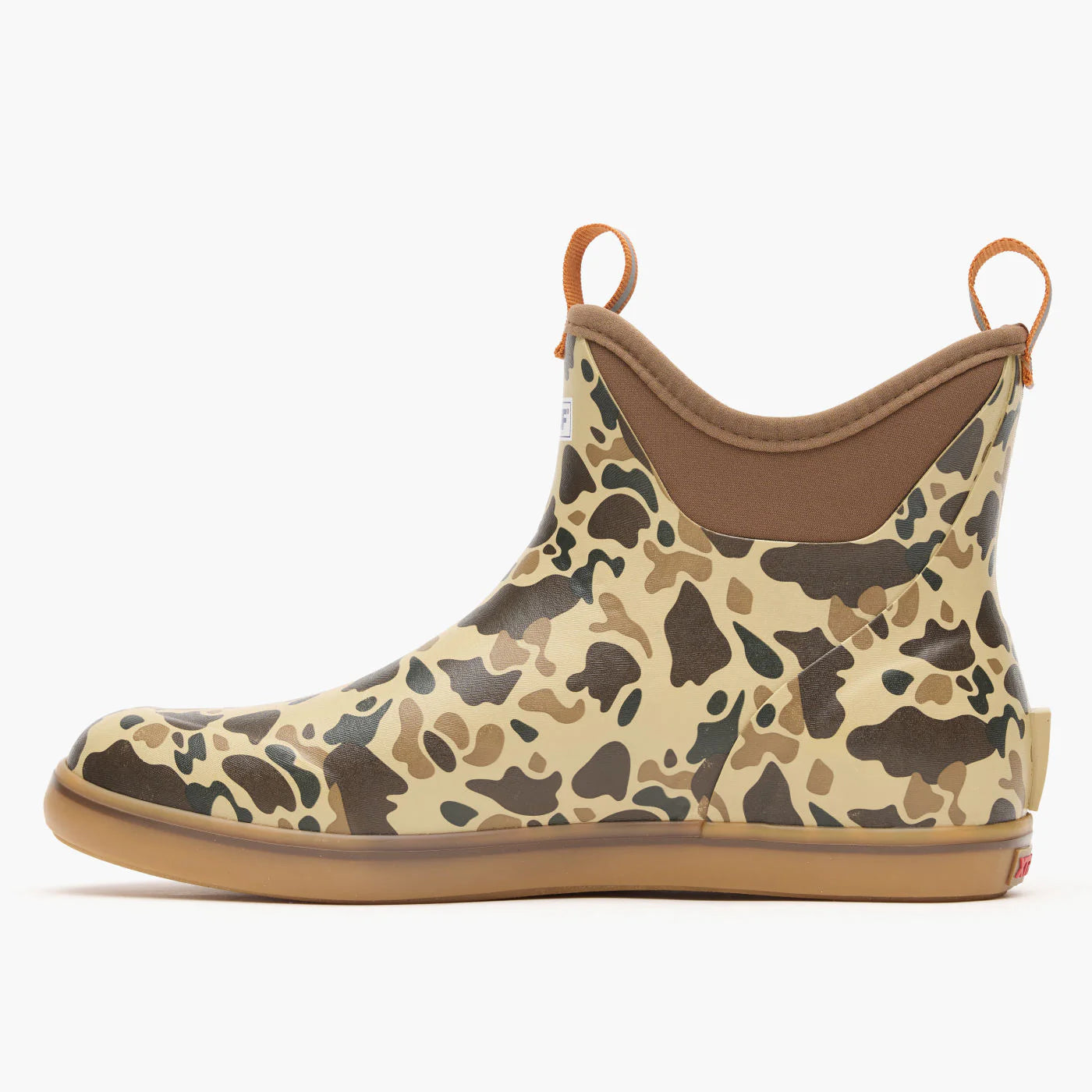 Camo waterproof ankle boot with brown and tan pattern, side view, outdoor footwear