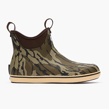 camouflage ankle rain boot with pull tabs and tan sole, side profile on white background