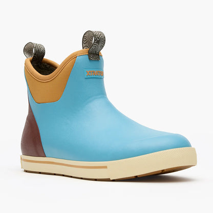 Blue waterproof ankle boot with tan and brown accents, rubber sole, and pull loops