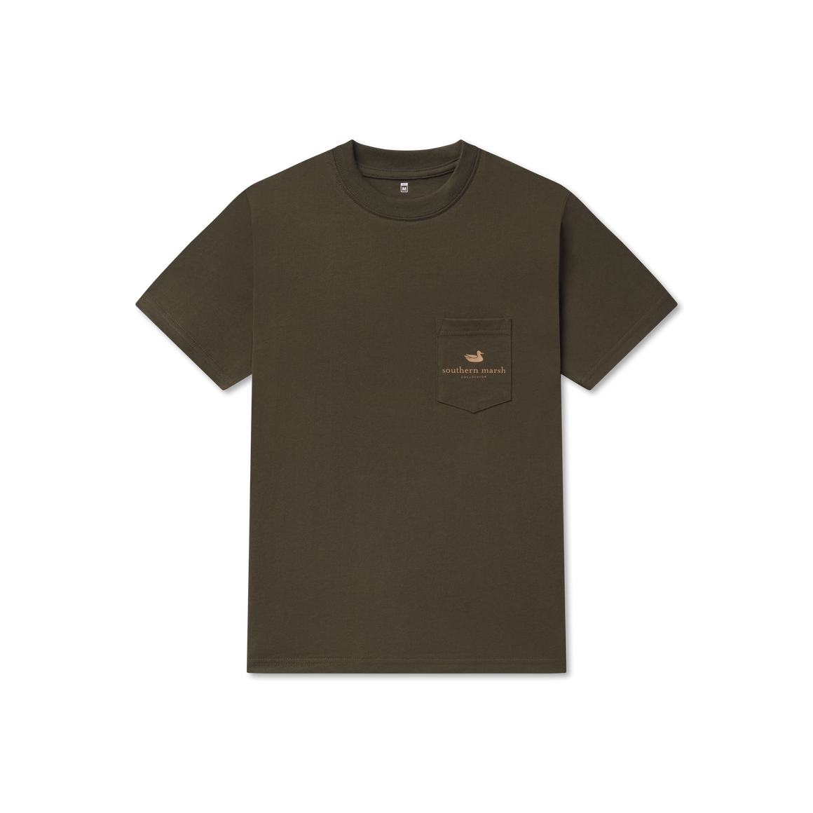 Olive green short-sleeve t-shirt with front pocket and Southern Marsh logo