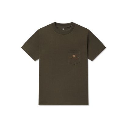 Olive green short-sleeve t-shirt with front pocket and Southern Marsh logo