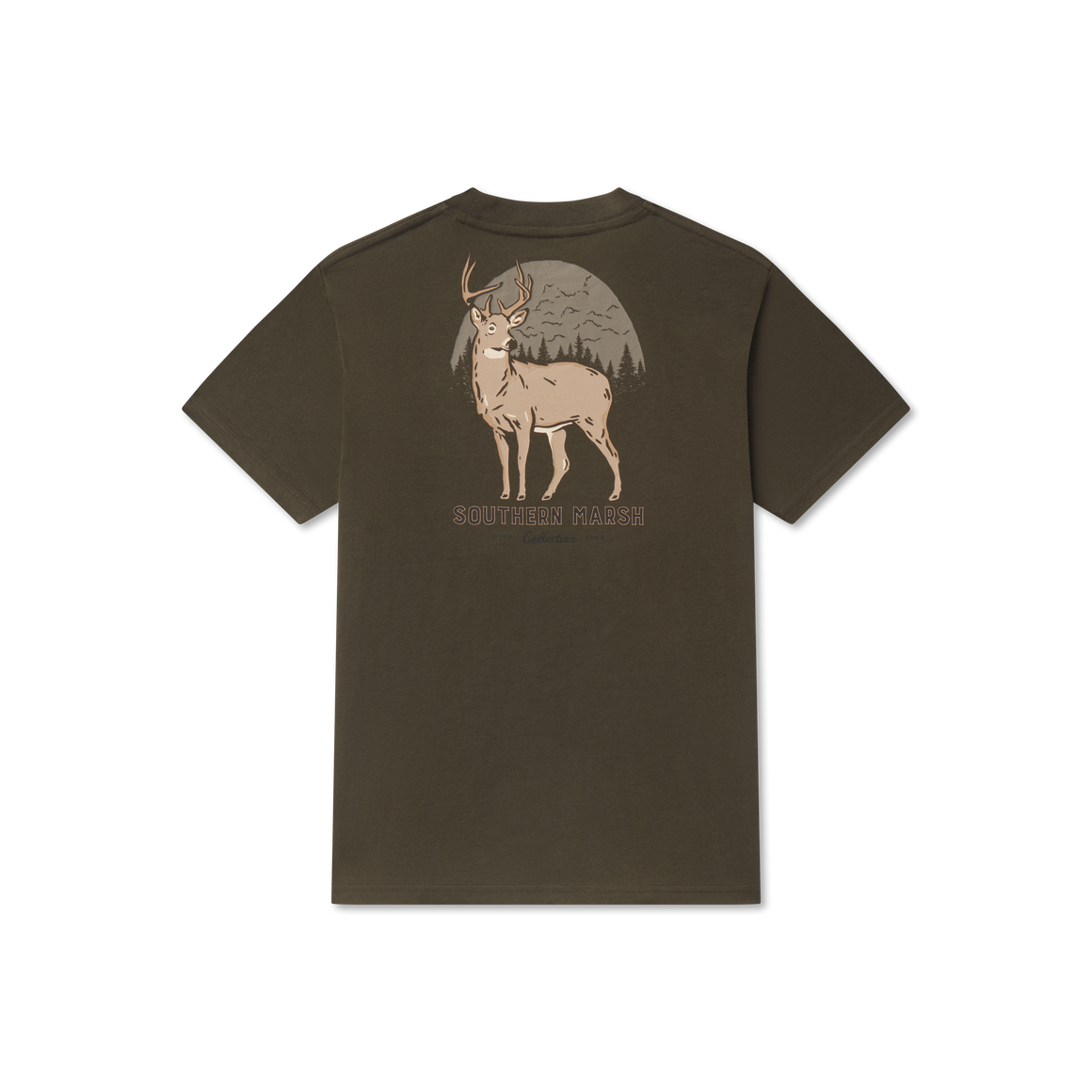 Olive short sleeve t-shirt with deer and forest graphic, outdoor nature design