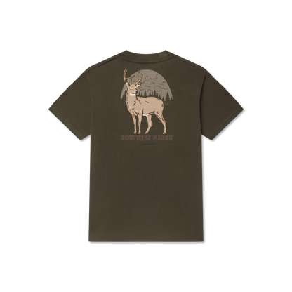 Olive short sleeve t-shirt with deer and forest graphic, outdoor nature design