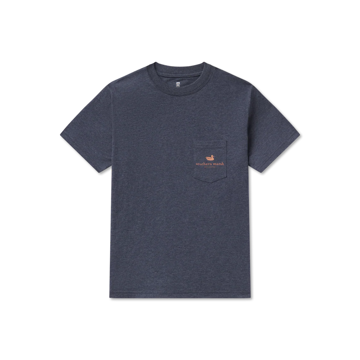 Heather navy short sleeve t-shirt with chest pocket and small orange duck logo.