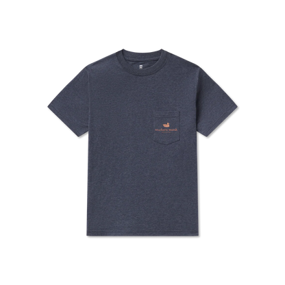 Heather navy short sleeve t-shirt with chest pocket and small orange duck logo.