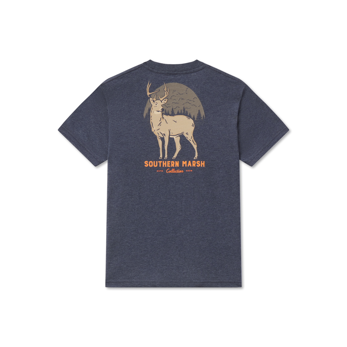Navy blue t-shirt with deer and forest graphic, Southern Marsh Collection text on back
