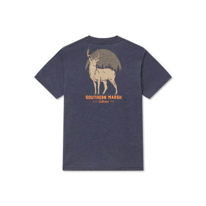 Navy blue t-shirt with deer and forest graphic, Southern Marsh Collection text on back