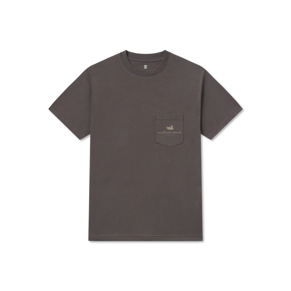 Charcoal gray short-sleeve pocket t-shirt with small duck logo and 'southern marsh' text