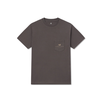 Charcoal gray short-sleeve pocket t-shirt with small duck logo and 'southern marsh' text