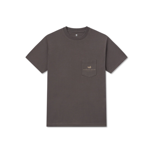 Charcoal gray short-sleeve pocket t-shirt with small duck logo and 'southern marsh' text