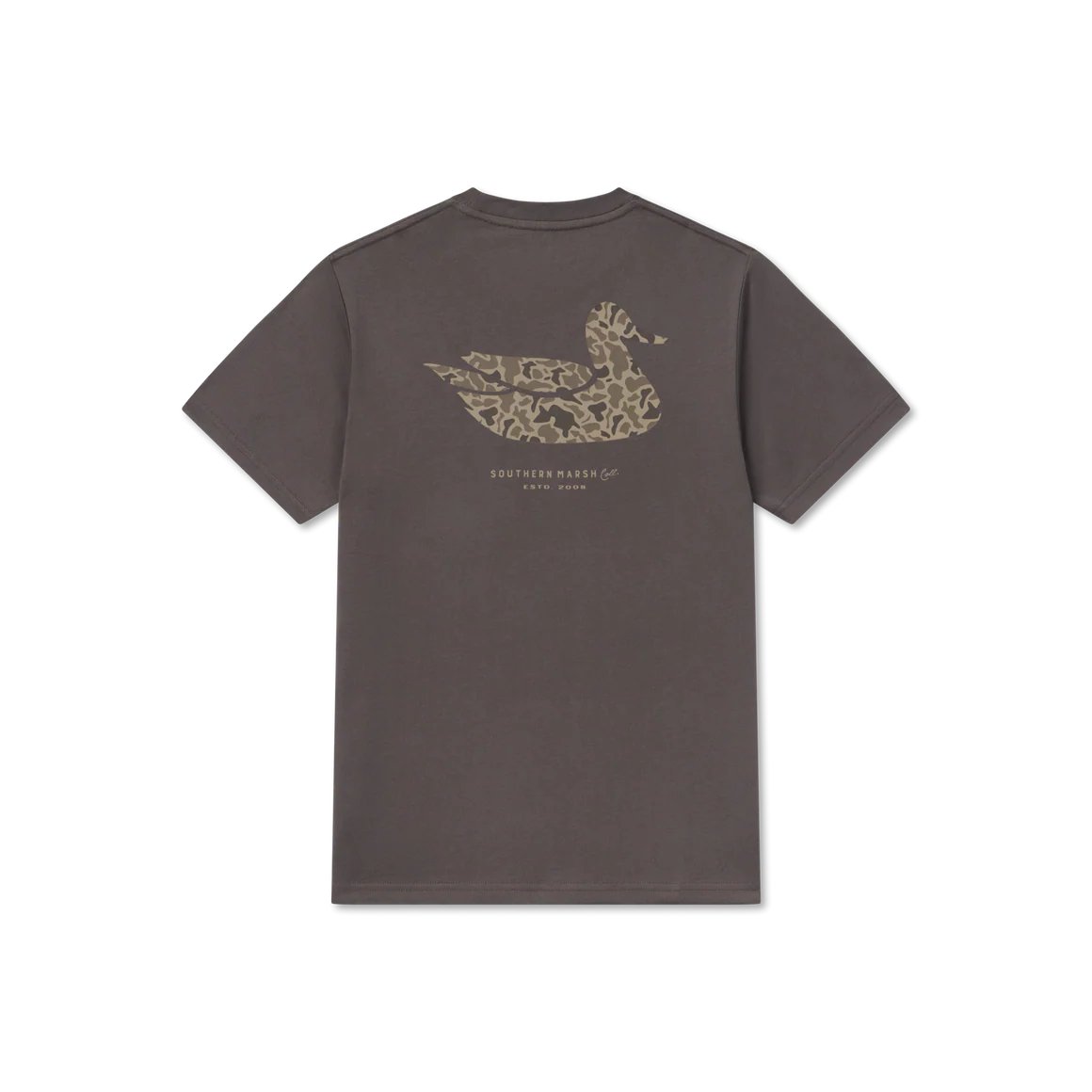 Charcoal short sleeve t-shirt with camouflage duck graphic and Southern Marsh logo on back