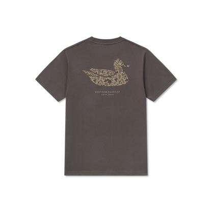 Charcoal short sleeve t-shirt with camouflage duck graphic and Southern Marsh logo on back