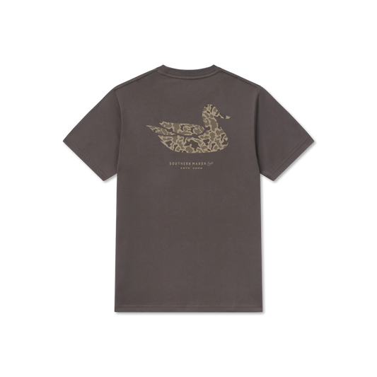 Charcoal short sleeve t-shirt with camouflage duck graphic and Southern Marsh logo on back