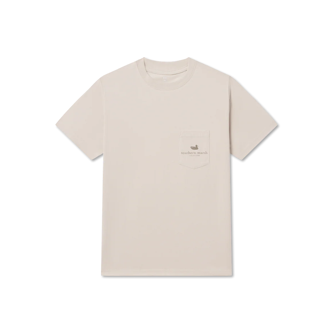 Beige t-shirt with a small logo on a white background