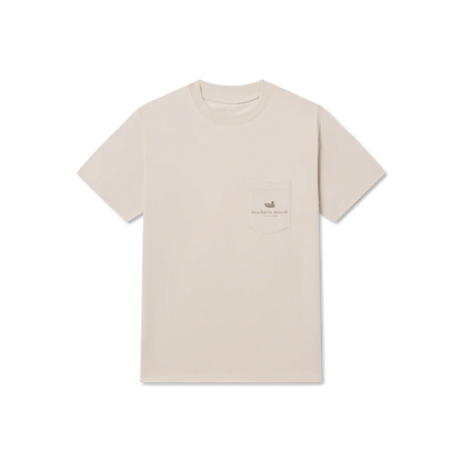 Beige t-shirt with a small logo on a white background